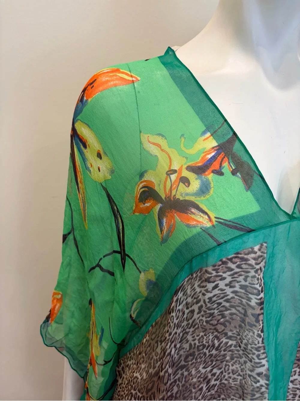 NORDSTROM 100% Silk Green Brown Cheetah Print Tropical Floral Cover Up Blouse